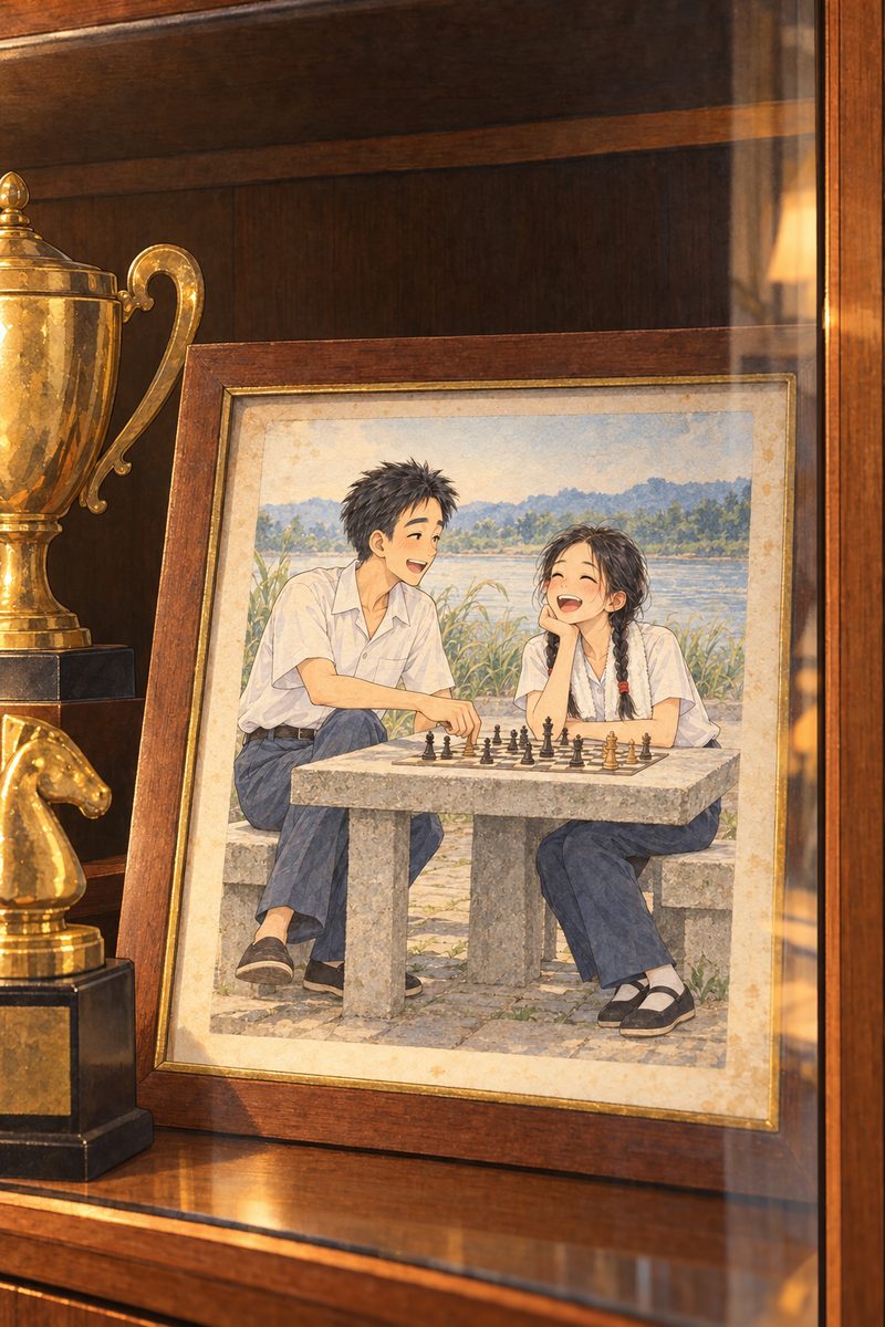 Night (the same time as the panel before), lamplight from the side. Behind the glass of the cabinet, among the small chess trophies, one small framed photo is the clearest thing: a faded old colour photo, drawn in the same simple manga style as everything else, of a young man of about twenty with thick black hair and a young woman with two long braids and a white towel round her neck, sitting at a square pale grey stone table with a chessboard, both laughing, in early morning light. Reeds and a river behind them, NO lake. The photo is small and soft; no writing anywhere. The glass reflects the lamp faintly. The dark shelf above is the quiet area.