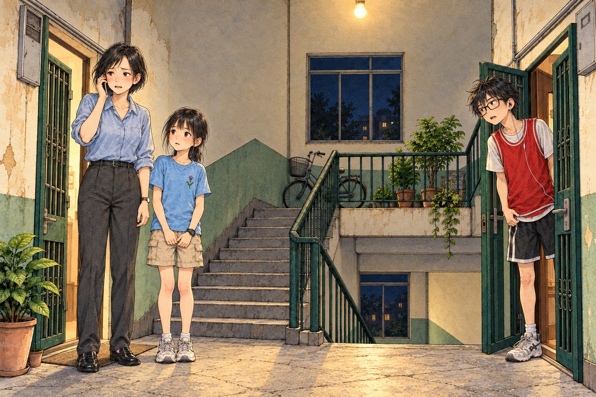 Night, about five in the morning, the landing lamp now on, a single warm bulb; the high window is black. Grandpa's door on the LEFT stands open; Haoran's family's door on the RIGHT has just opened. Mama stands at the left by Grandpa's door, phone to her ear, frightened; Xiaoyu beside her, now in white trainers. Haoran, twelve, in his doorway on the right, hair flattened on one side, glasses crooked, pulling his too-big red basketball vest down over his white t-shirt, sleepy and alarmed; his one wired earbud in his LEFT ear (on the viewer's right). He is half a head taller than Xiaoyu; Xiaoyu reaches Mama's shoulder. The plain wall above the doors is the quiet area. No other people.
