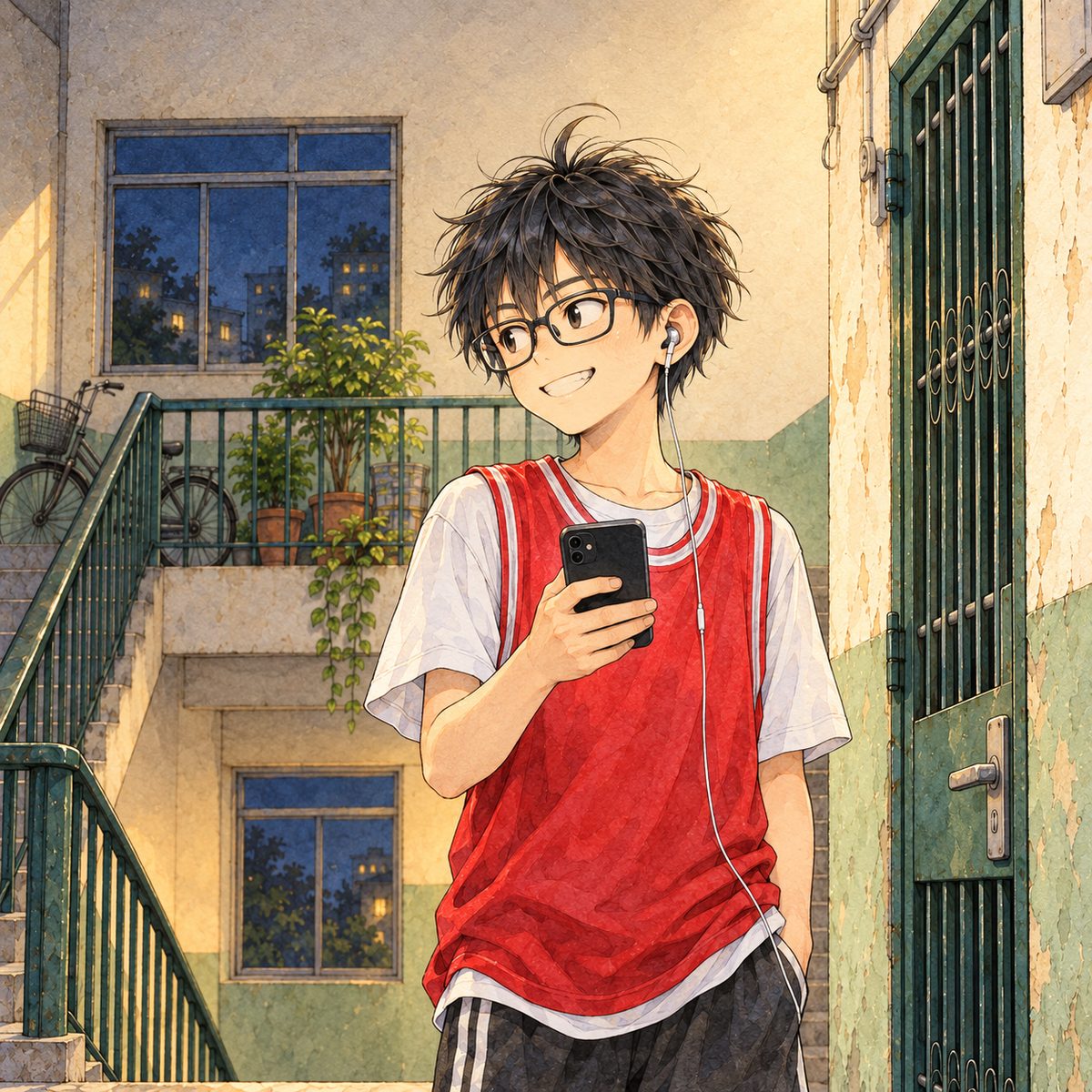 Night (the same time as the panel before), the landing bulb lighting him. Haoran holds his own phone (a black case) in one hand the ordinary way, the screen facing him, his thumb on the screen, its glow on his glasses; he grins with sudden confidence and looks to the LEFT of the picture, towards Xiaoyu and Mama off panel. His face sits in the middle of the panel, NOT in the top quarter. Plain wall behind him.