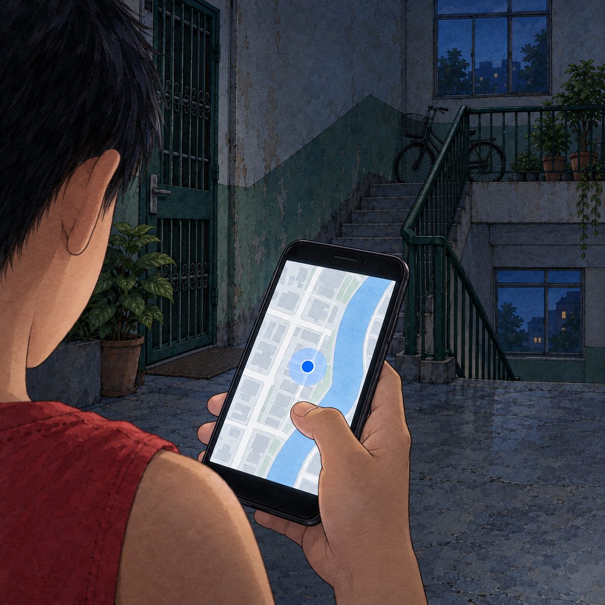 Night (the same time as the panel before). Over Haoran's shoulder (his red vest at the edge), close on his black phone in his hand, his thumb on the screen. The screen shows a plain map app: pale grey streets, a blue river, and ONE round dot with a soft pulse ring, sitting on a block of flats by the river. No letters, no numbers, no names painted on the screen. The dark landing around the phone is quiet.