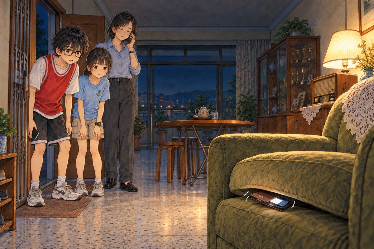 Night (the same time as the panel before), one lamp on. In the foreground on the right stands Grandpa's empty olive-green armchair by the radio; from under its seat cushion pokes the corner of an old black phone in a worn brown flip case, buzzing (small shake lines round it), its screen lit. In the open front doorway on the left the three of them stare at it: Haoran in front, his own phone lowered, his grin gone, mouth open; Xiaoyu beside him; Mama behind them, her phone at her ear, closing her eyes. The buzzing phone is the focal point. The dark wall above is the quiet area.