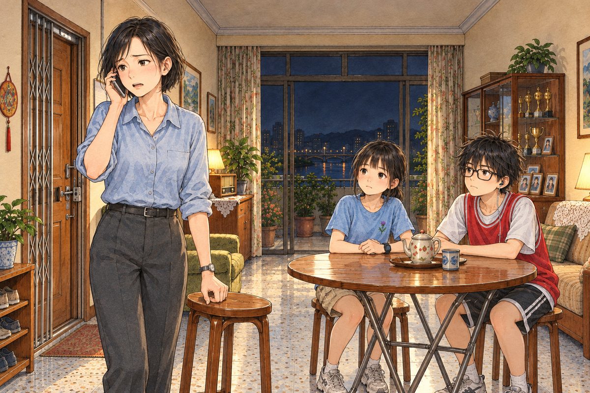 Night, a little after five, two lamps on, the balcony doors black. Mama stands on the left, phone to her ear, one hand gripping the back of a stool, speaking fast and clearly, frightened but holding it together. Xiaoyu and Haoran sit at the round folding table on the right, watching her, still. Xiaoyu reaches Mama's shoulder when standing; here she sits. The plain wall above is the quiet area. Only these three.
