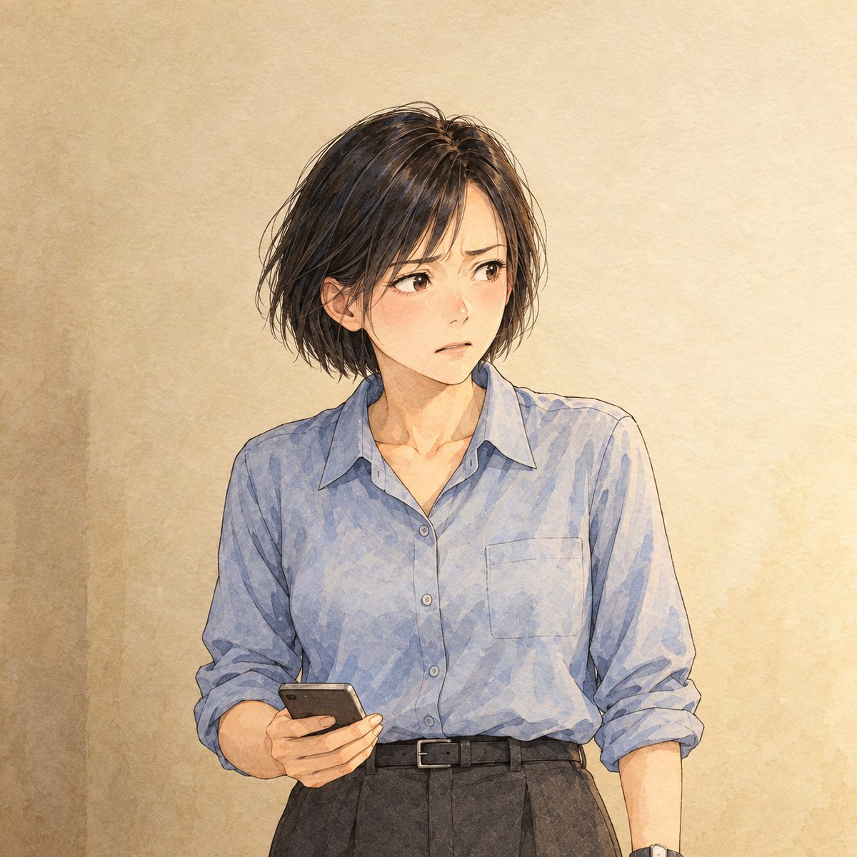 Night (the same time as the panel before), lamplight. Mama has lowered her phone; her jaw is tight, her eyes hard with fear, and she looks to the RIGHT of the picture, at Xiaoyu off panel. Her face sits in the middle of the panel, NOT in the top quarter. Plain wall behind.