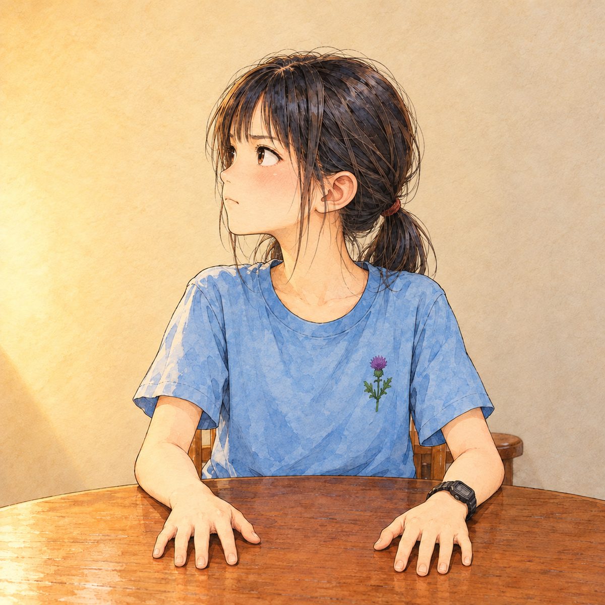 Night (the same time as the panel before), lamplight. Xiaoyu, sitting at the round table, looks up and to the LEFT of the picture at Mama off panel; her chin is set but her voice is small, her hands flat on the table: stubborn, quiet. Her face sits in the middle of the panel, NOT in the top quarter. Plain wall behind.