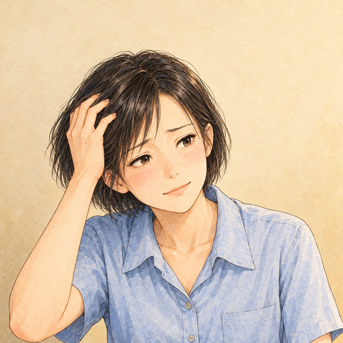 Night (the same time as the panel before), lamplight. Mama looks to the RIGHT at Xiaoyu off panel, softer now but tired and certain, one hand pushing her hair back from her forehead. Her face sits in the middle of the panel, NOT in the top quarter. Plain wall behind.