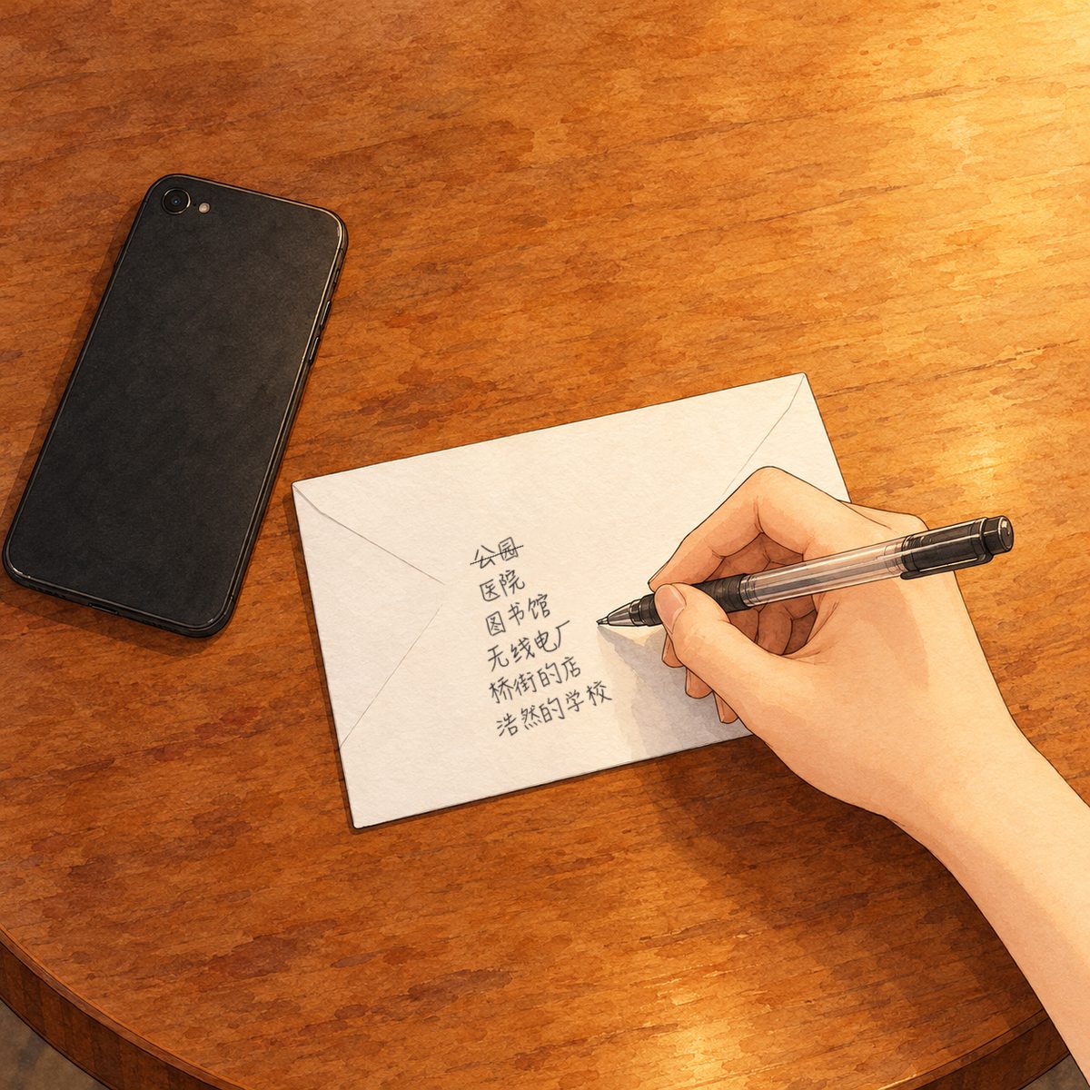 Night (the same time as the panel before), lamplight on the tabletop. Mama's hand writes a short list in pen on the back of a plain white envelope lying on the round folding table: six short lines, the first one crossed through, drawn as pen scribble only, NOT readable. Her own black phone lies beside the envelope, screen down. Only her hand and the envelope; the bare tabletop around them is the quiet area.