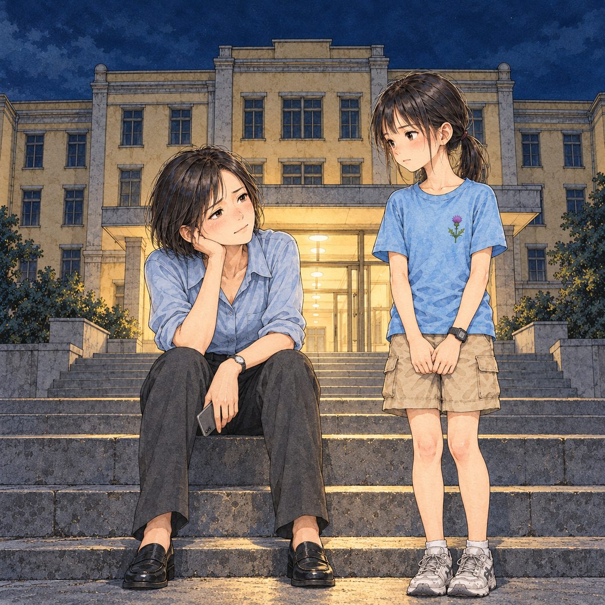 Still dark, the deep blue sky, the lit night entrance glowing behind and above them. Mama has sat down heavily on a stone step on the left, elbows on her knees, her phone in one hand hanging down; she looks up and to the RIGHT at Xiaoyu, exhausted, and a small sad smile comes. Xiaoyu stands one step below her on the right, looking left at her. The dark sky at the top is the quiet area. Haoran is out of frame.