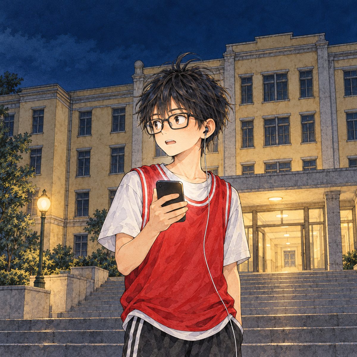 Still dark (the same time as the panel before). Haoran stands on the steps, his black phone in his hand with its screen facing him, its glow on his glasses; he can't help himself, he says it half to himself, eager and nervous at once, looking to the LEFT of the picture towards the others. His one earbud in his LEFT ear (on the viewer's right as he faces us). His face sits in the middle of the panel, NOT in the top quarter. The dark sky behind him is the quiet area.
