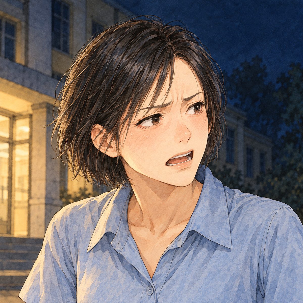 Still dark, the lit doorway's glow on one side of her face. Mama turns sharply to the RIGHT of the picture, towards Haoran off panel, her brows down, snapping: too tired and frightened for facts. Her face in the middle of the panel, NOT in the top quarter. Dark plain background.