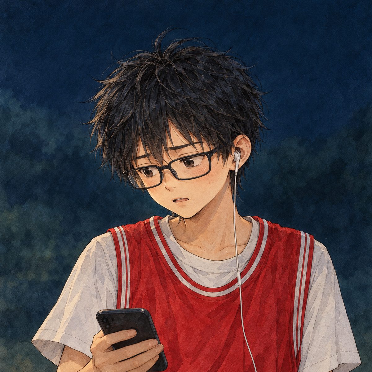 Still dark (the same time as the panel before). Haoran lowers his phone, its screen dark now; he looks down and away, ashamed and honest, glasses slipping a little, and speaks low to Xiaoyu, off panel to the LEFT. His face in the middle of the panel, NOT in the top quarter. Dark plain background.