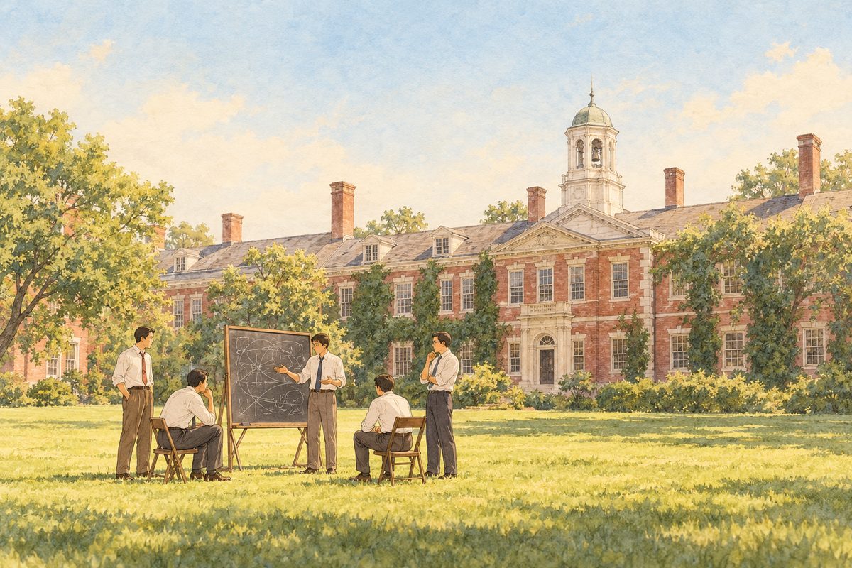 Flashback to the summer of 1956, soft edges, the colours faded warm like an old postcard so it reads as the past. A green college lawn in summer sunshine in front of an old red-brick building with white window frames and a small white bell tower. A few men in white shirts with rolled sleeves and loose ties stand and sit round a portable chalkboard on the grass, talking with their hands; they are small in the picture and drawn simply, NOT recognisable faces. The chalkboard shows only chalk scribble, NOT readable. The pale summer sky above the roof is the quiet area. No writing anywhere.