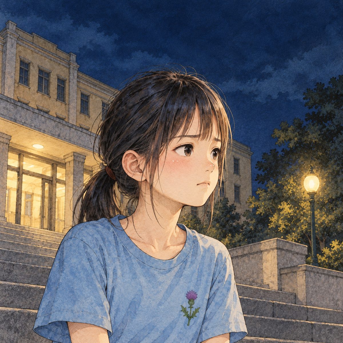Still dark (the same time as the panel before), the deep blue sky, a street lamp's glow on her cheek. Xiaoyu looks out to the RIGHT of the picture, past the edge of the panel, into the dark streets; her face is worried and thinking hard, her lips pressed. Her face in the middle of the panel, NOT in the top quarter. The dark sky behind her is quiet.