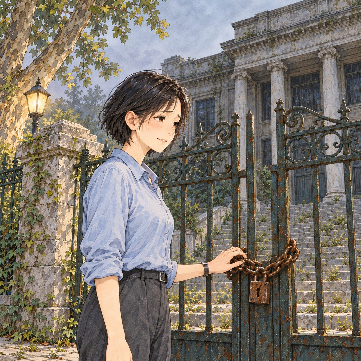 First grey light (the same time as the panel before), a street lamp still on behind her. Mama's hand rests on the chained gate; she looks through the bars at the dark library, remembering, a small sad smile, and speaks to Xiaoyu off panel to the RIGHT. Her face in the middle of the panel, NOT in the top quarter. The grey sky behind is the quiet area.