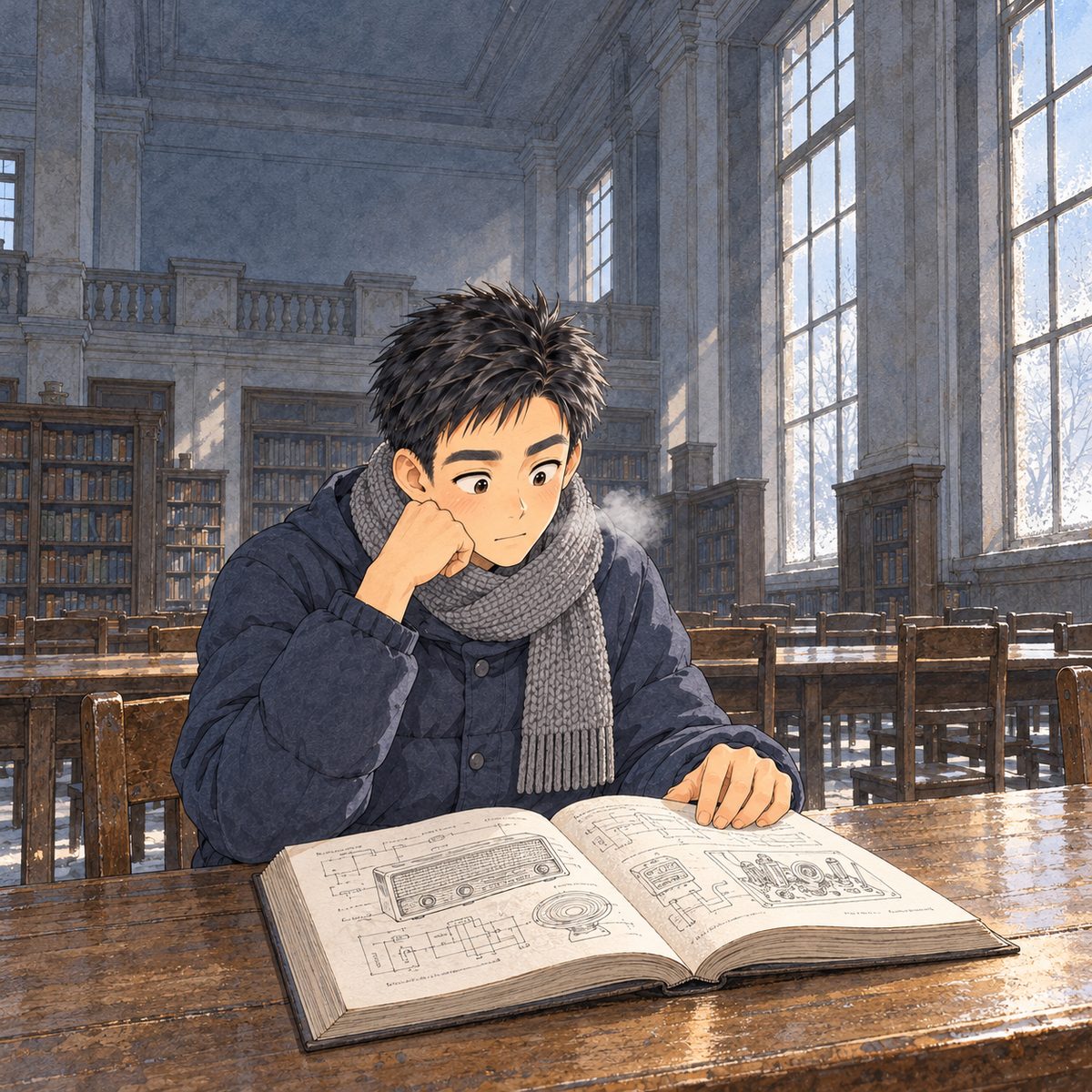 Flashback to a winter morning in the early 1970s, soft edges, the colours faded and cool blue-grey so it reads as the past. Inside the old reading room: long wooden tables, tall windows with frost in the corners, pale winter light. Young Grandpa, about seventeen, thick black hair, sits alone at the end of a long table in a dark blue padded cotton coat and a grey knitted scarf, a thick open book about radios in front of him (diagrams drawn as scribble lines only, NOT readable), his breath a small white cloud, his face lit up with interest. All the other chairs are empty. The high cold ceiling is the quiet area.