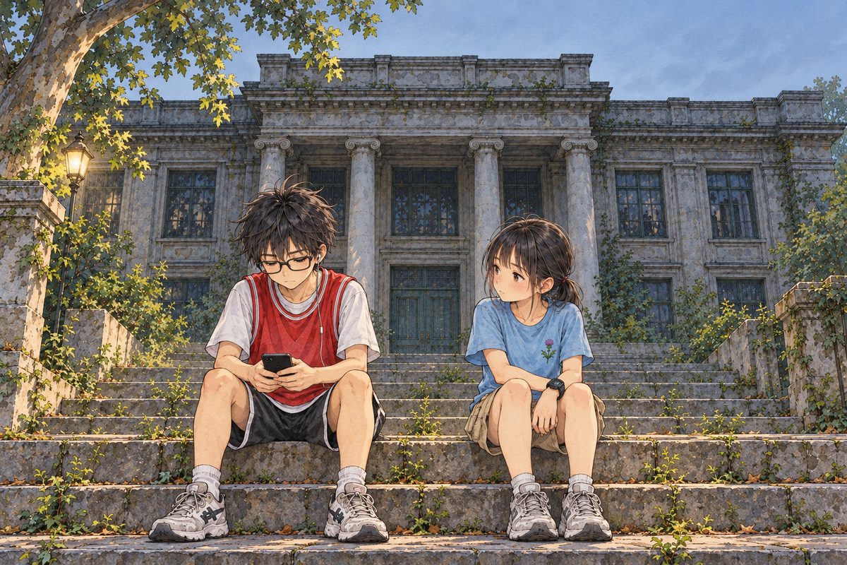 First grey light (the same time as 7.1), the street lamp still on. Haoran sits on the bottom step of the library on the left, his black phone dark in his lap, his shoulders slumped, glum, looking at the phone. Xiaoyu sits down beside him on the right, one body's width of step between them, and looks left at him. He is half a head taller than her, seated too. The grey sky above them is the quiet area. Mama is out of frame.