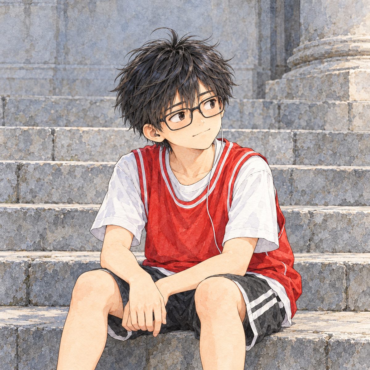 First grey light (the same time as the panel before). Haoran looks up from his lap to the RIGHT of the picture, towards Xiaoyu off panel, with a crooked, rueful half smile. His one earbud is in his LEFT ear, on the far side of his head here, so the ear we see is bare. His face in the middle of the panel, NOT in the top quarter. Plain grey stone behind.