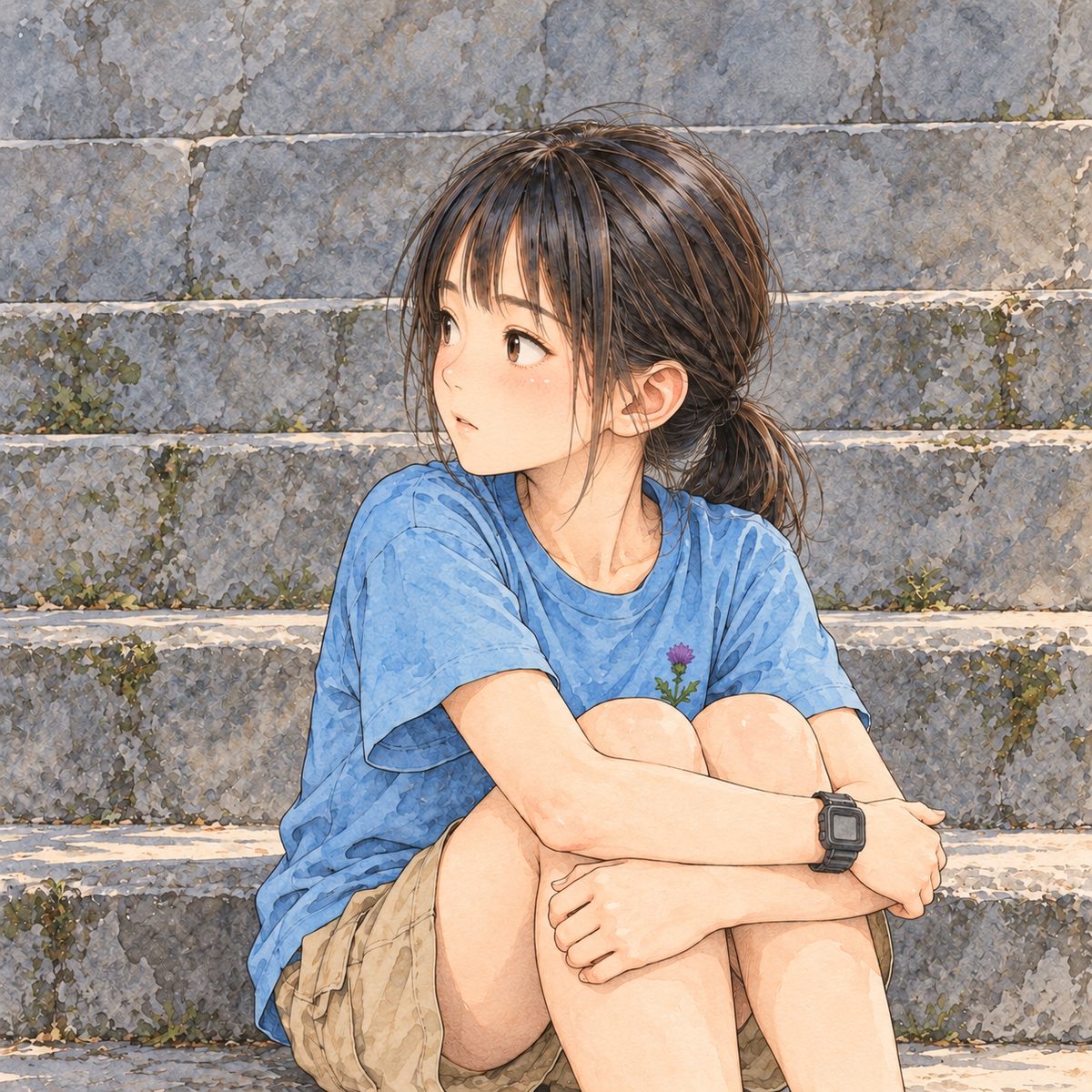 First grey light (the same time as the panel before). Xiaoyu looks back to the LEFT at Haoran off panel, a little curious despite everything, her arms round her knees. Her face in the middle of the panel, NOT in the top quarter. Plain grey stone behind.