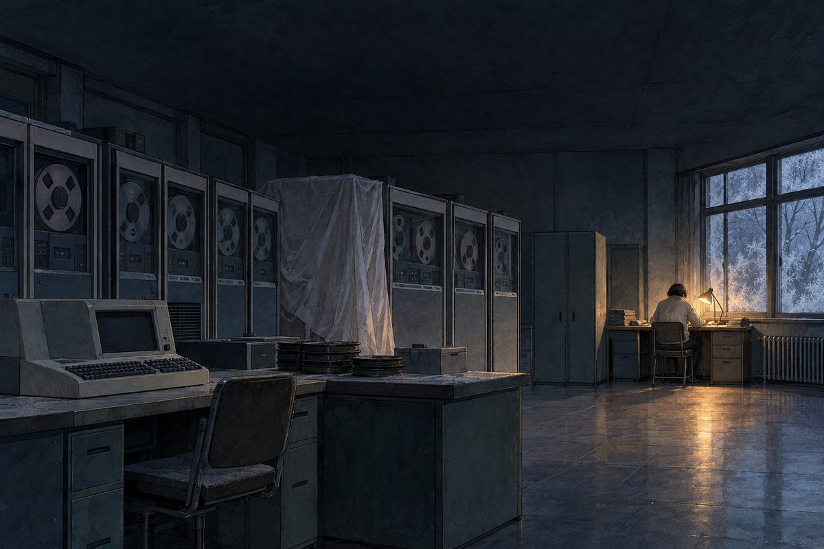 A concept panel, the 1970s: an empty university computer room in winter, faded cool colours: a row of big old cabinet computers with reels of tape, a desk with a typewriter-like terminal, all switched off and dusty, frost on the window, a sheet over one machine. In the far corner one desk lamp is still on, warm, the only light, and at that desk one person seen from behind keeps working, small, NOT a recognisable face. The dark ceiling is the quiet area. No writing anywhere.
