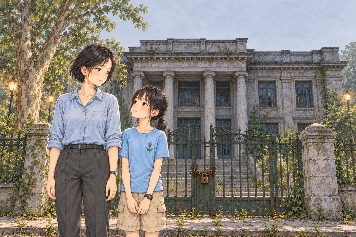 First grey light, a little brighter now; the street lamps still on. Mama, on the left, still at the chained gate, turns her head to the RIGHT, to Xiaoyu, who has come up beside her and looks up at her. Xiaoyu reaches Mama's shoulder. Mama's face is softer, remembering. The pale grey sky above is the quiet area.
