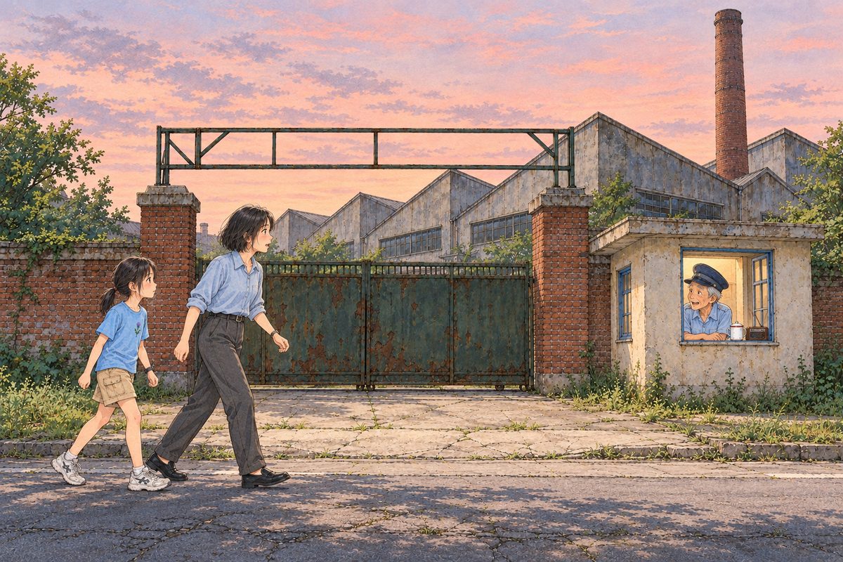 Dawn, about five to six: the sky in the east, over the factory roofs, is pink and pale grey, and the street lamps are just going off. The old radio factory: two square red-brick gateposts, a wide iron sliding gate shut between them, an empty iron frame over the gate where a name once was (NO letters), a tall brick chimney and saw-tooth roofs behind. On the RIGHT a small guard booth with a lit window; the old night guard leans out of its window, looking LEFT towards the road. Mama and Xiaoyu hurry up from the left (Haoran a step behind, out of frame). The pink dawn sky above the chimney is the quiet area. No writing anywhere.