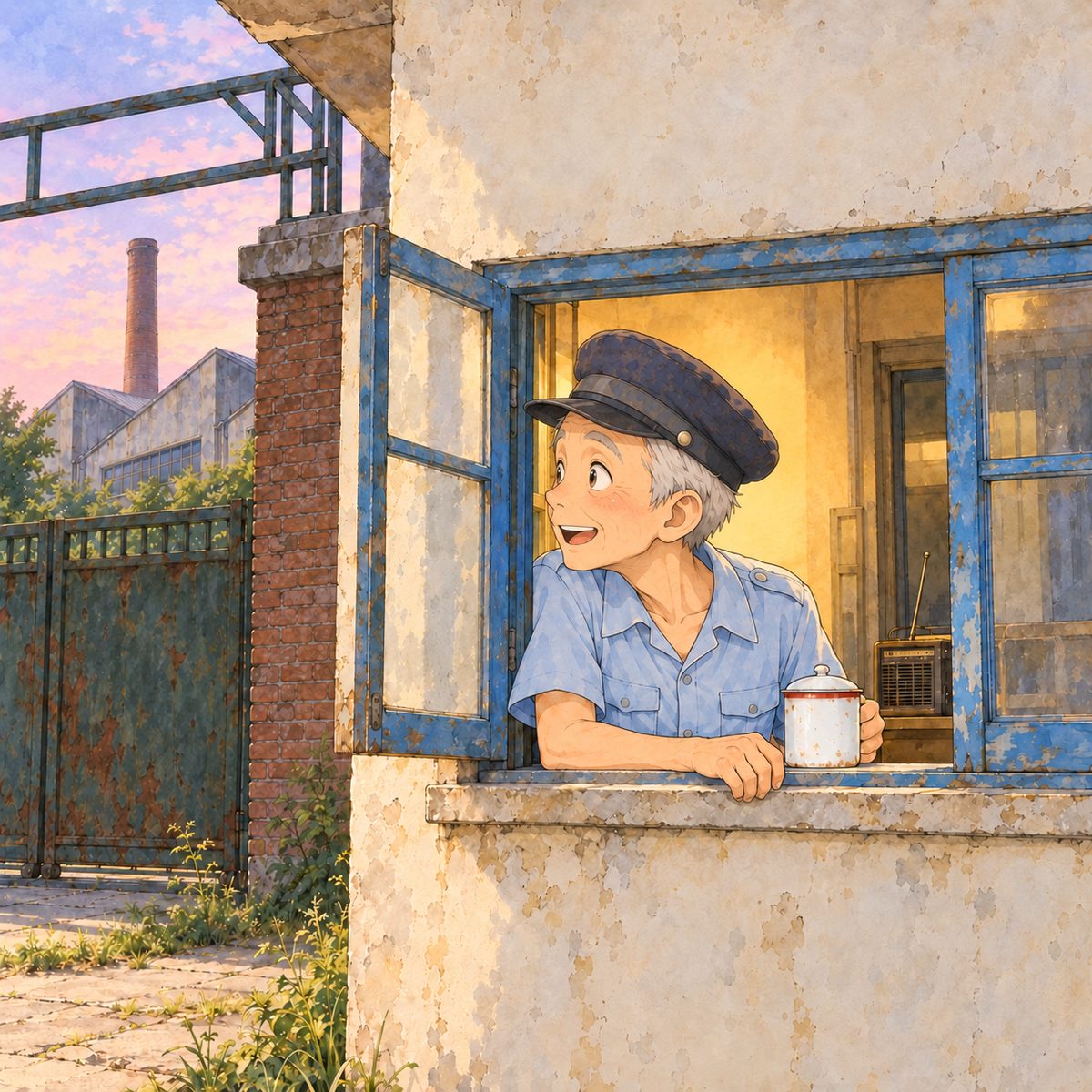 Dawn (the same time as the panel before), the pink sky behind the booth, the booth's own lamp warm on him. The old night guard leans out of the booth window, one forearm on the sill, his enamel tea jar beside it, and lights up with surprise as he looks to the LEFT at Mama off panel. His face in the middle of the panel, NOT in the top quarter. The booth's plain wall above is the quiet area.