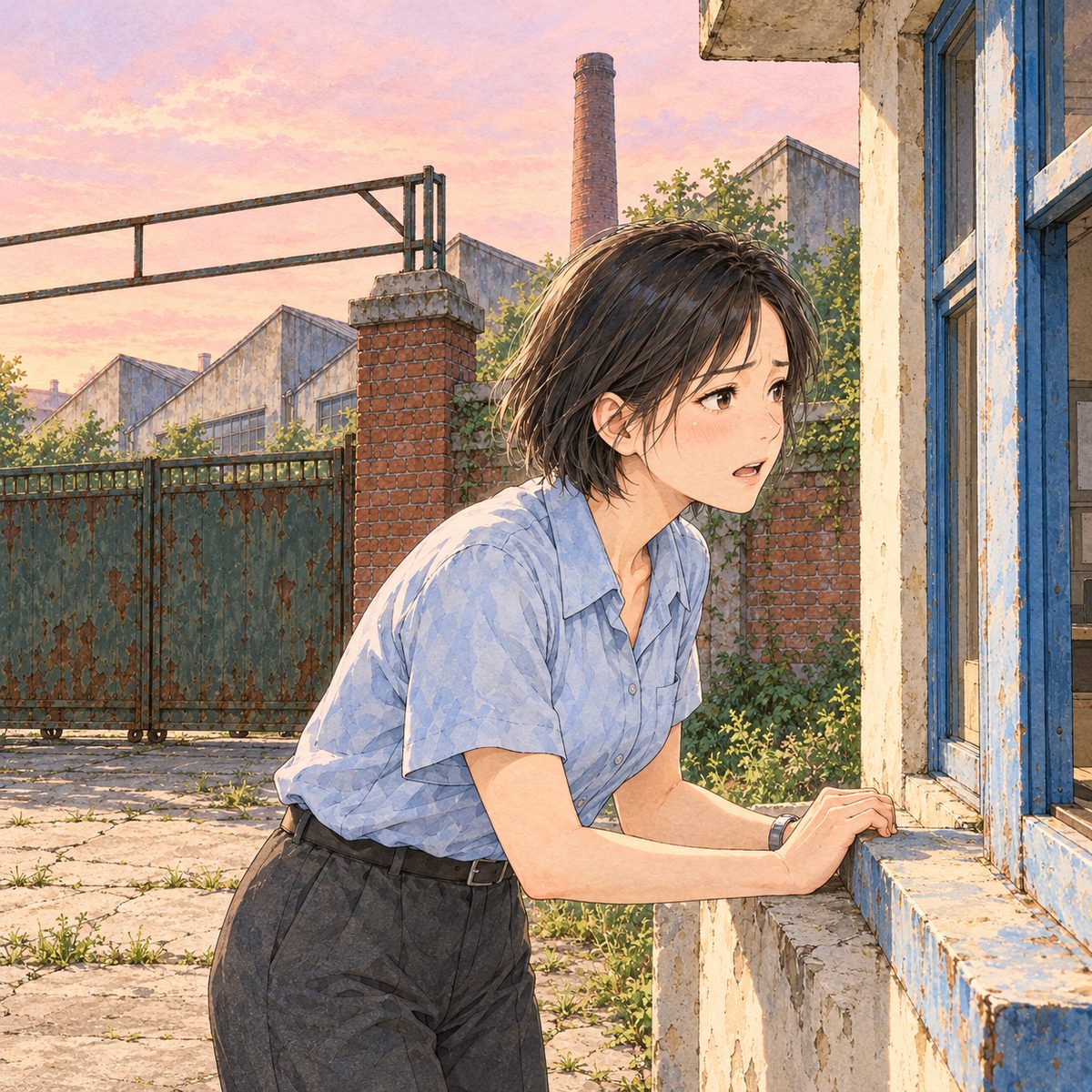 Dawn (the same time as the panel before). Mama grips the booth's window ledge with both hands and leans in, eager and frightened, looking RIGHT at the guard off panel. Her face in the middle of the panel, NOT in the top quarter. The pink sky behind her is the quiet area.