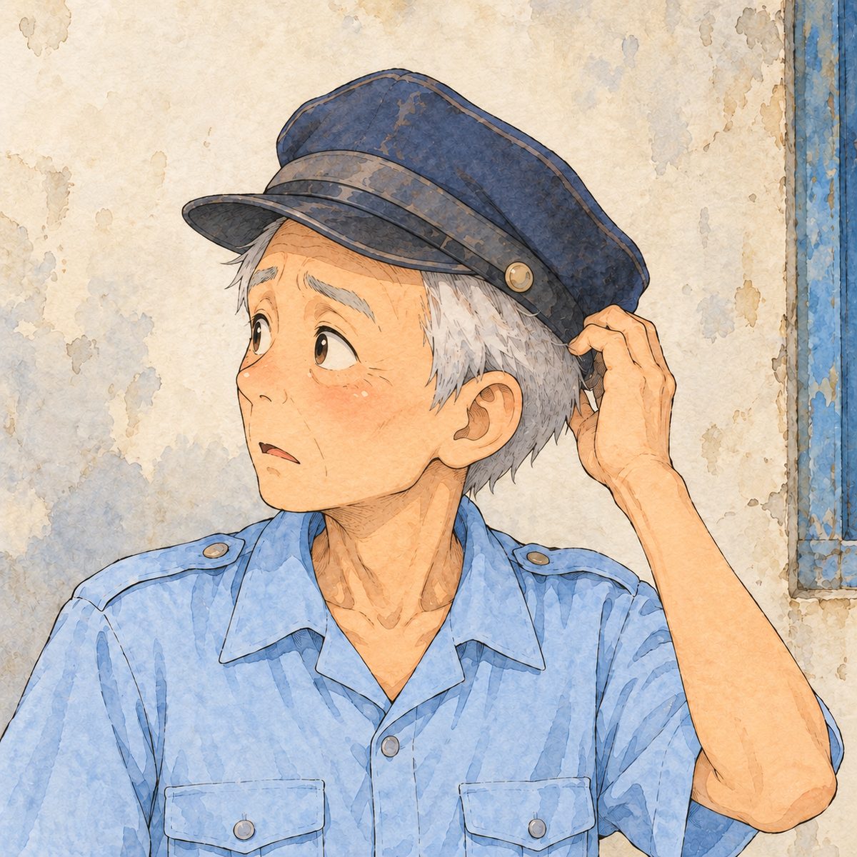 Dawn (the same time as the panel before). The guard scratches under his cap, puzzled, remembering, looking LEFT at Mama off panel. His face in the middle of the panel, NOT in the top quarter. Plain booth wall behind.