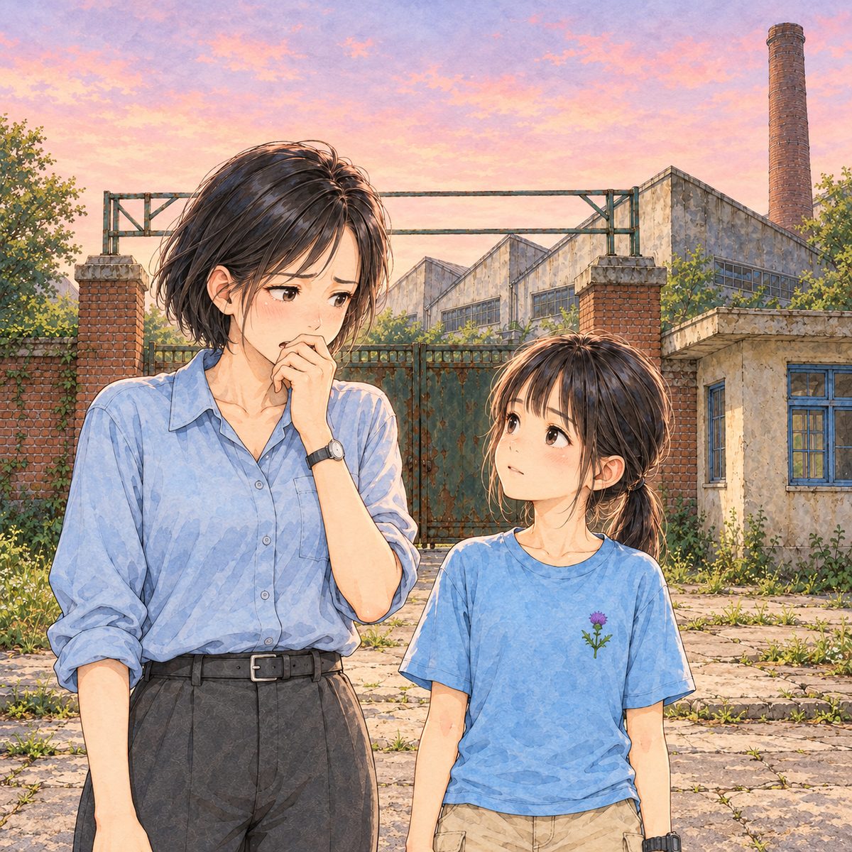 Dawn (the same time as the panel before). Mama turns from the booth to Xiaoyu, on the left, her face crumpling with fear, one hand at her mouth; Xiaoyu on the right looks up at her, her face lit with certainty, eyes bright. Xiaoyu reaches Mama's shoulder. The shut iron gate behind them; the pink sky above is the quiet area.