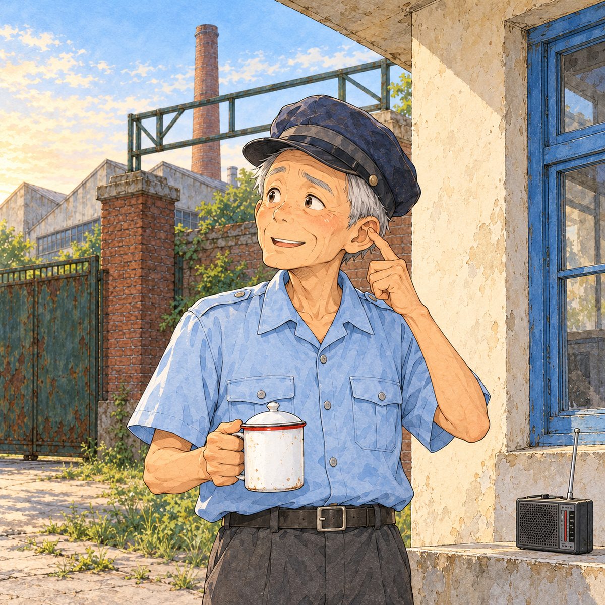 Dawn (the same time as page 9), the sky a little lighter. The guard taps his own ear with one finger, proud of his old workmate, a crooked smile, looking LEFT at the others off panel. His face in the middle of the panel, NOT in the top quarter. Plain booth wall behind.