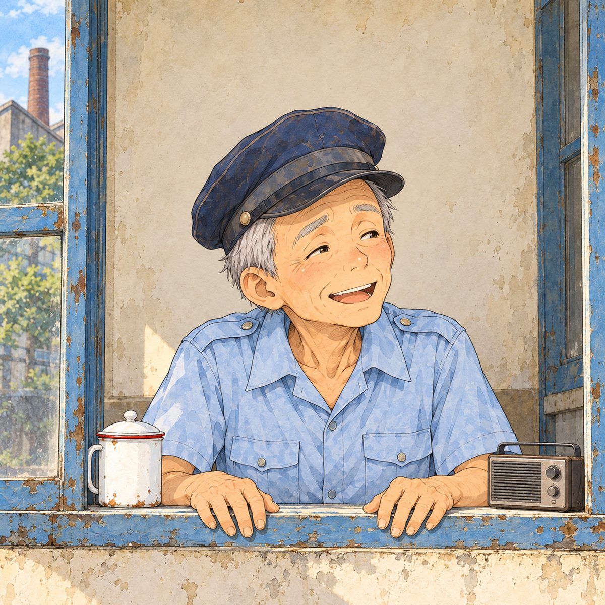 Dawn (the same time as the panel before). The guard shakes his head and laughs a short dry laugh, both hands spread a little on the window ledge. His face in the middle of the panel, NOT in the top quarter. Plain booth wall behind.
