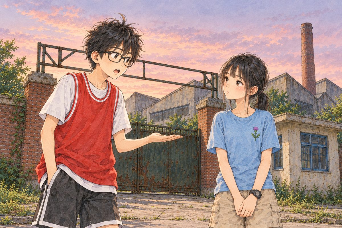 Dawn (the same time as the panel before). Haoran, on the left, has caught up; he turns to Xiaoyu on the right, amazed, his eyes wide behind his glasses, one hand out flat as if laying down a card. Xiaoyu looks left at him. He is half a head taller. The red-brick gatepost behind them; the pink and grey sky above is the quiet area.