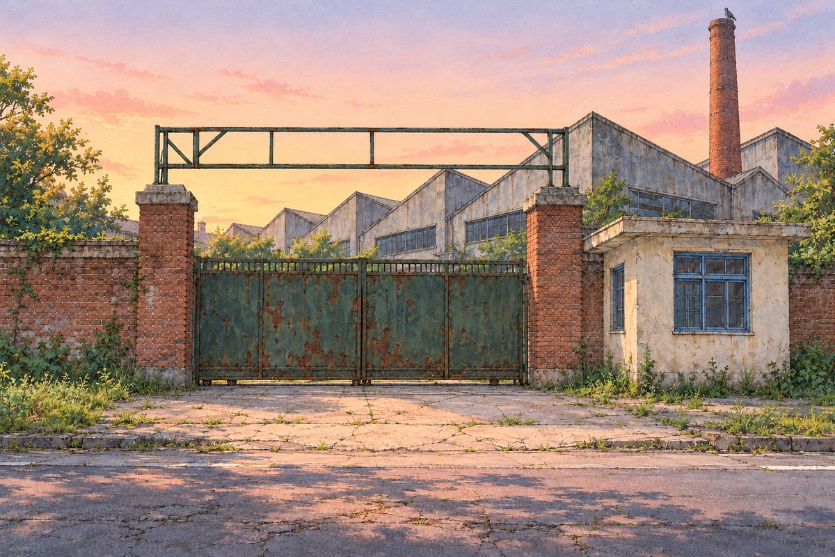 Dawn, the pink fading to pale gold in the east. The whole shut factory from the road: the iron gate shut, the saw-tooth roofs, grass growing along the walls, the tall brick chimney cold, no smoke; one bird on the chimney top. The guard booth's lamp has gone off, no glow. No people. The wide pale sky is the quiet area. No writing anywhere.