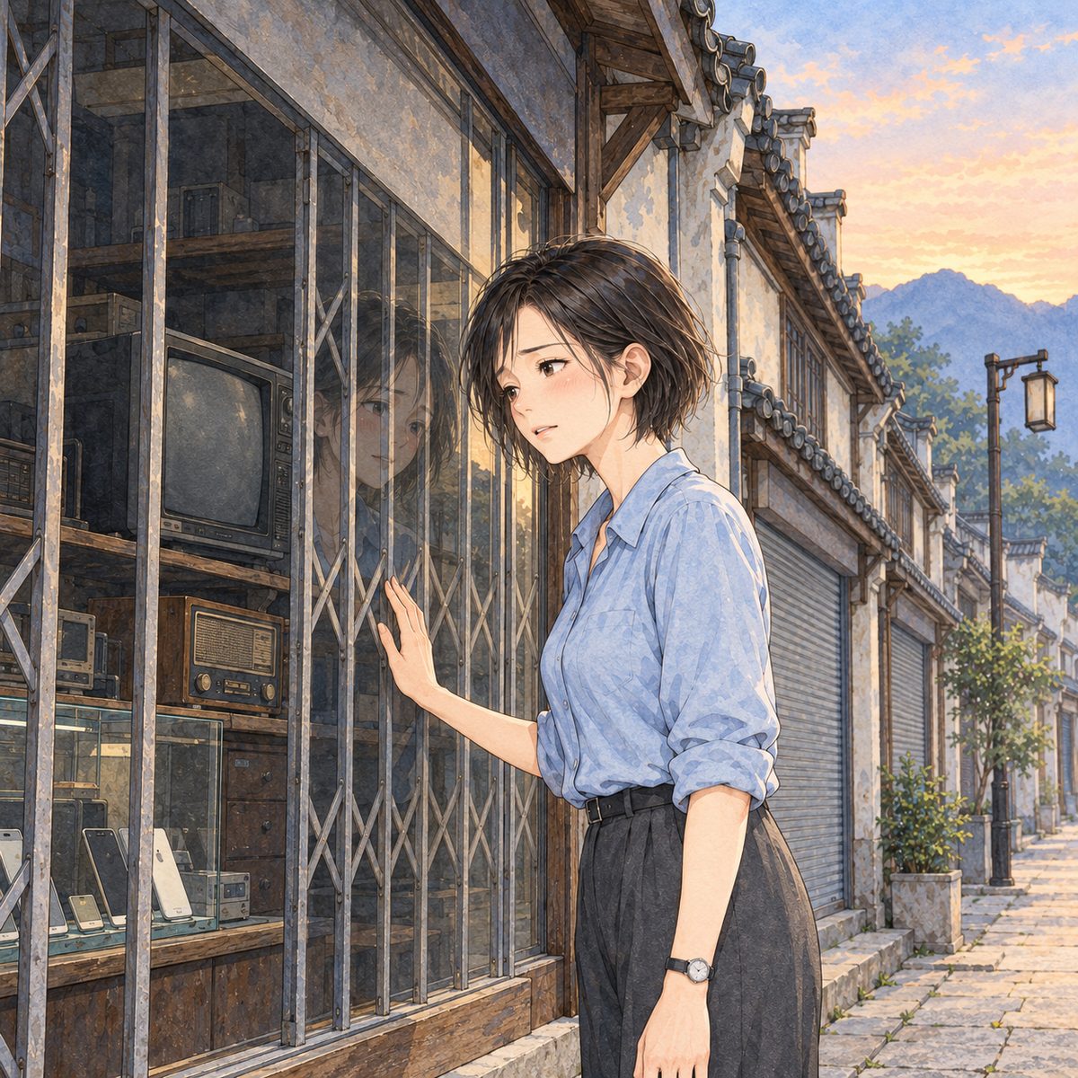 Sunrise (the same time as the panel before), the street in blue shadow. Mama stands close to the shop window, one hand flat on the metal grille, looking in at the old dark television; her faint reflection shows in the glass. Her face is tender, remembering. She speaks to Xiaoyu off panel to the RIGHT. Her face in the middle of the panel, NOT in the top quarter. The dark shop interior behind the glass is plain.