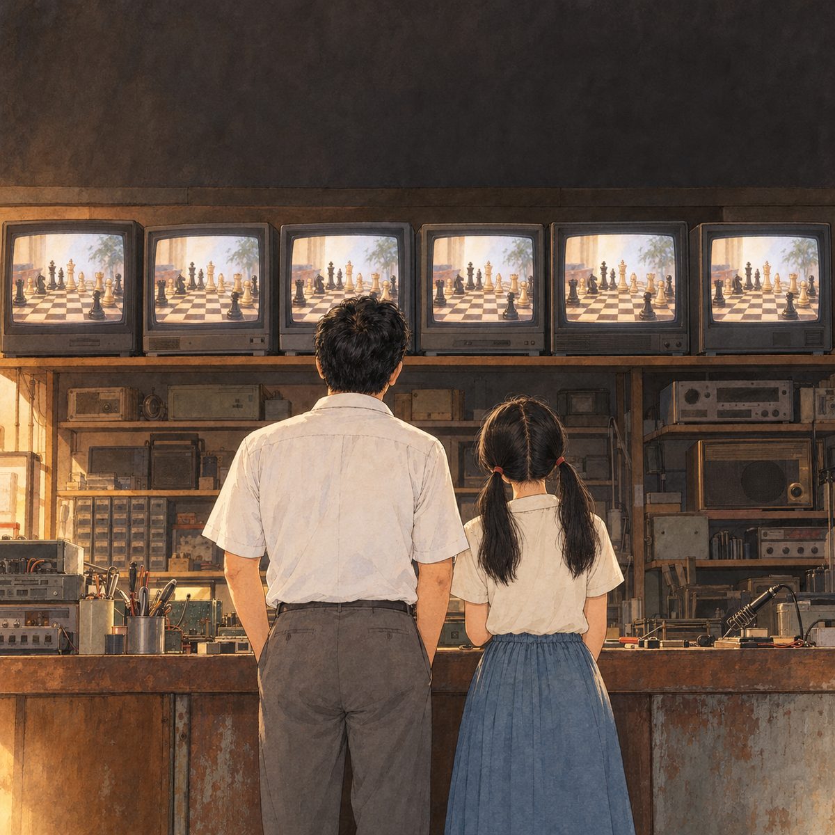 Flashback to 1997, evening, soft edges, warm faded colours like an old photo. Inside the small shop, seen from behind: a man of about forty with thick BLACK hair in a white short-sleeved shirt, and a girl of twelve with two pigtails beside him, both standing at the counter looking up at a shelf of six old boxy televisions. Every screen shows the same soft picture of a chessboard, NO letters or numbers. We see only their backs and the backs of their heads, NOT their faces. Radio parts and tools on the counter. The dark wall above the televisions is the quiet area.