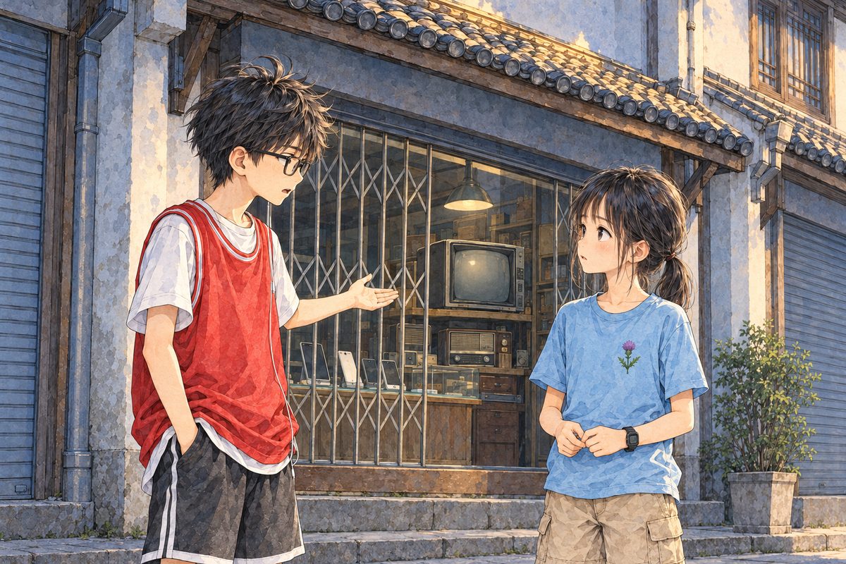 Sunrise (the same time as 11.2), the street in blue shadow, a stripe of gold light on the roof tiles above. Haoran, on the left, looks at the old television in the window and speaks to Xiaoyu, serious now, explaining with one hand. Xiaoyu, on the right, looks left at him, listening. He is half a head taller. The window glass shows only soft dark shapes. The blue shadowed wall above them is the quiet area.