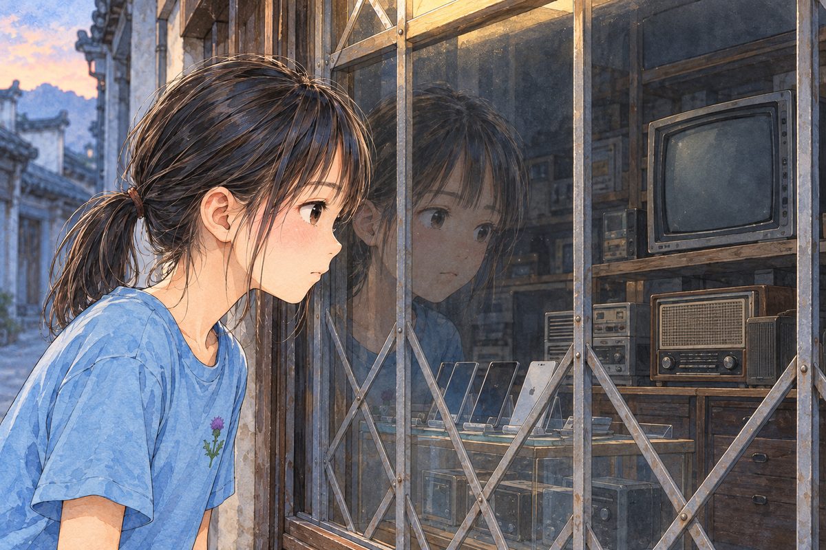 Sunrise (the same time as page 11), the street still in blue shadow; the first sunlight has just reached the top of the window frame. Xiaoyu stands close to the shop window, looking in at the old radios and the dark television, her faint reflection over them; her face is thoughtful, putting something together. Her face sits in the middle of the panel, NOT in the top quarter. The dark glass is plain.