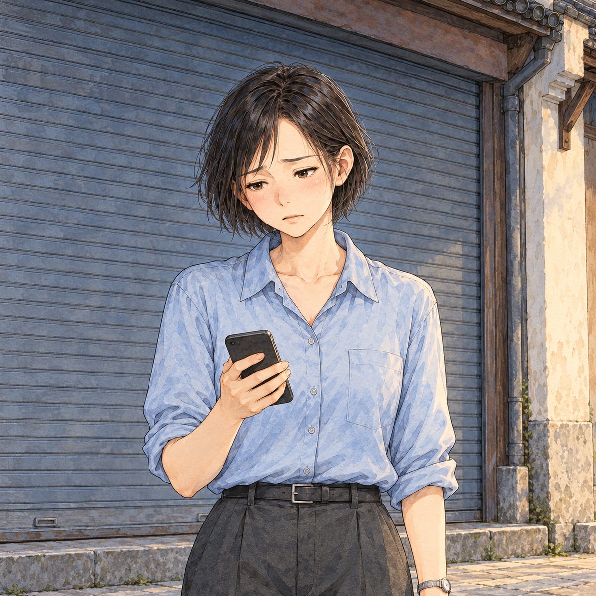 Sunrise (the same time as the panel before). Mama lowers her black phone from her ear after a call, her face grey and empty, looking down. Her face in the middle of the panel, NOT in the top quarter. The blue-shadowed shutter behind her is plain.