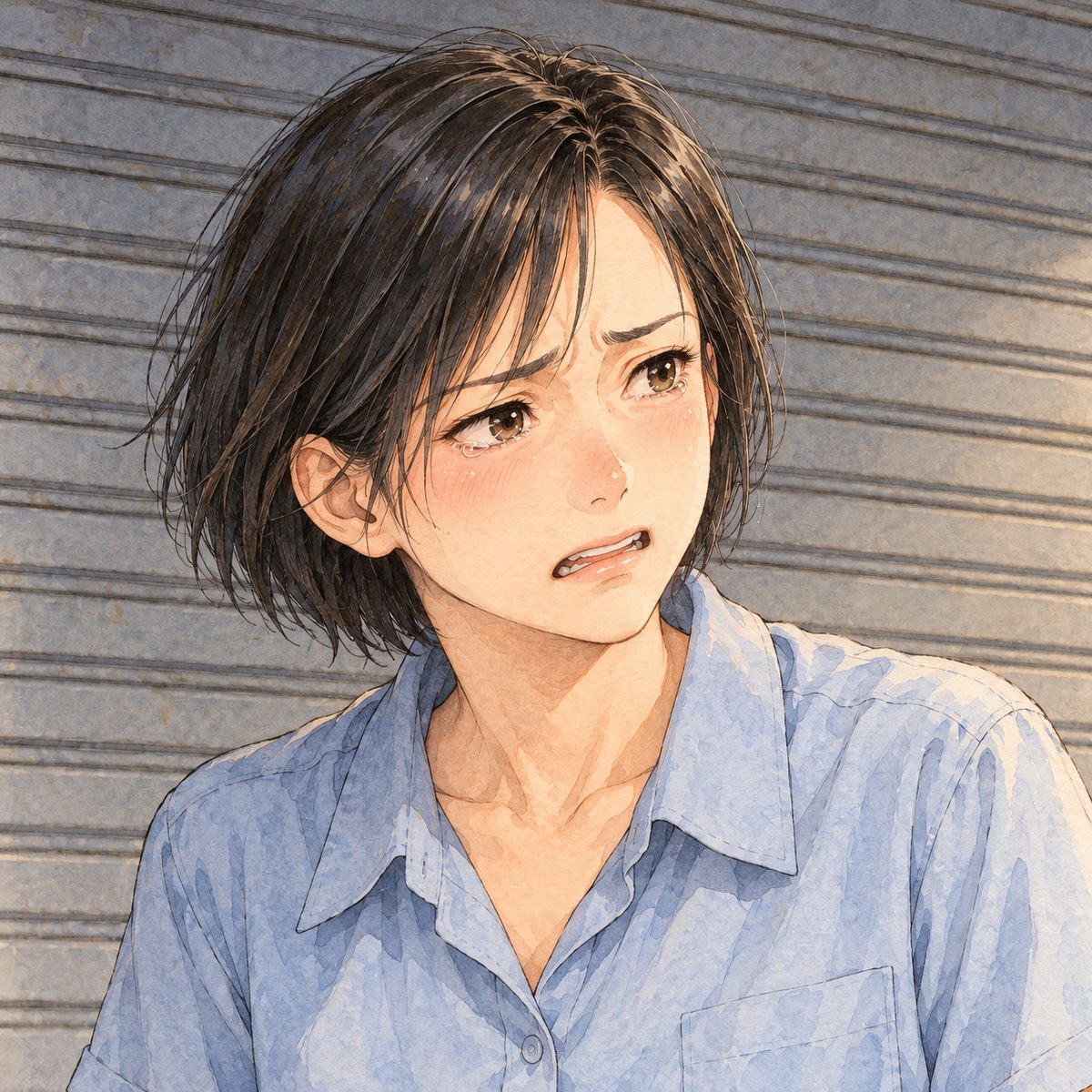 Sunrise (the same time as the panel before). Mama turns to the RIGHT, to Xiaoyu off panel, and her voice cracks: angry, guilty, eyes filling. Her face in the middle of the panel, NOT in the top quarter. Plain shutter behind.