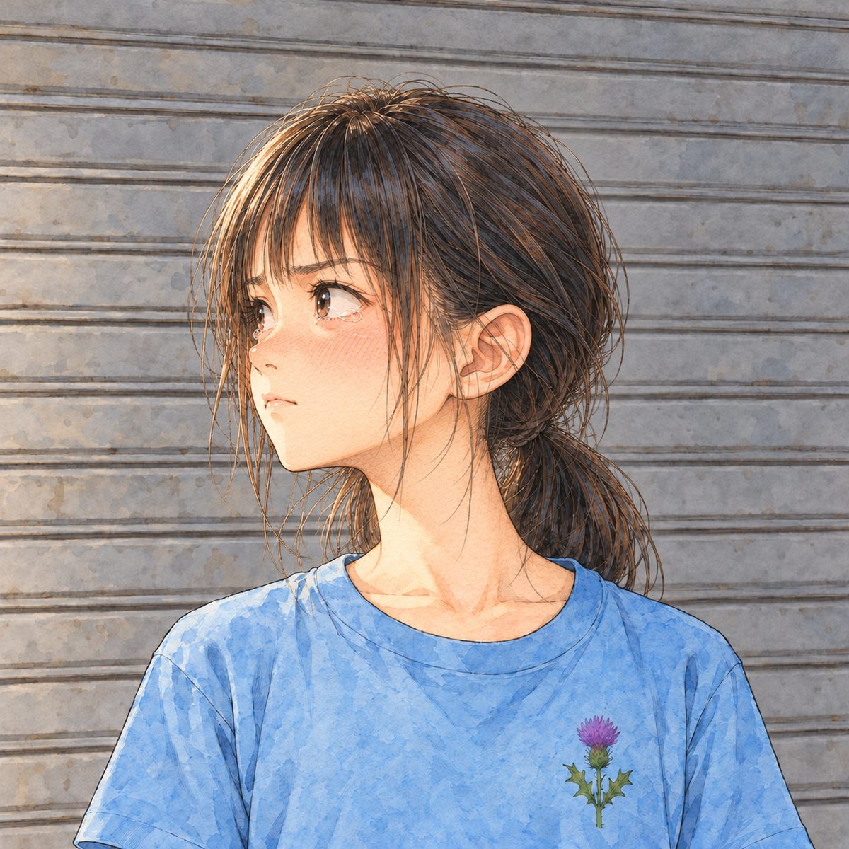 Sunrise (the same time as the panel before). Xiaoyu looks up and to the LEFT at Mama off panel; hurt, but she holds her ground, her chin up, her eyes wet. Her face in the middle of the panel, NOT in the top quarter. Plain shutter behind.