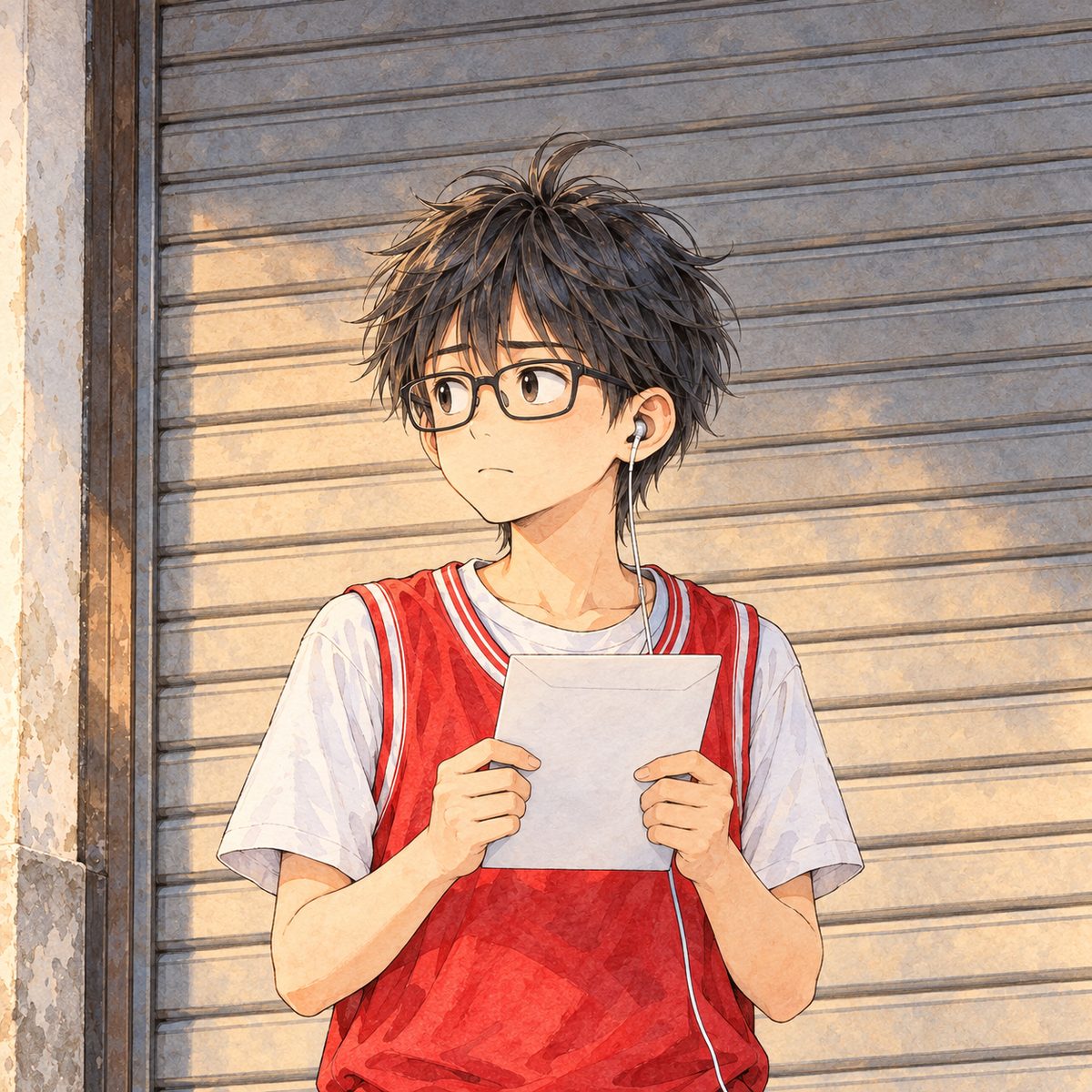 Sunrise (the same time as the panel before). Haoran, uncomfortable between the two of them, holds Mama's white envelope in both hands at his chest, the way you read a page, its written side towards HIM so we see only its plain back; he looks up from it to the LEFT, towards Mama off panel, quietly. His face in the middle of the panel, NOT in the top quarter. Plain shutter behind.