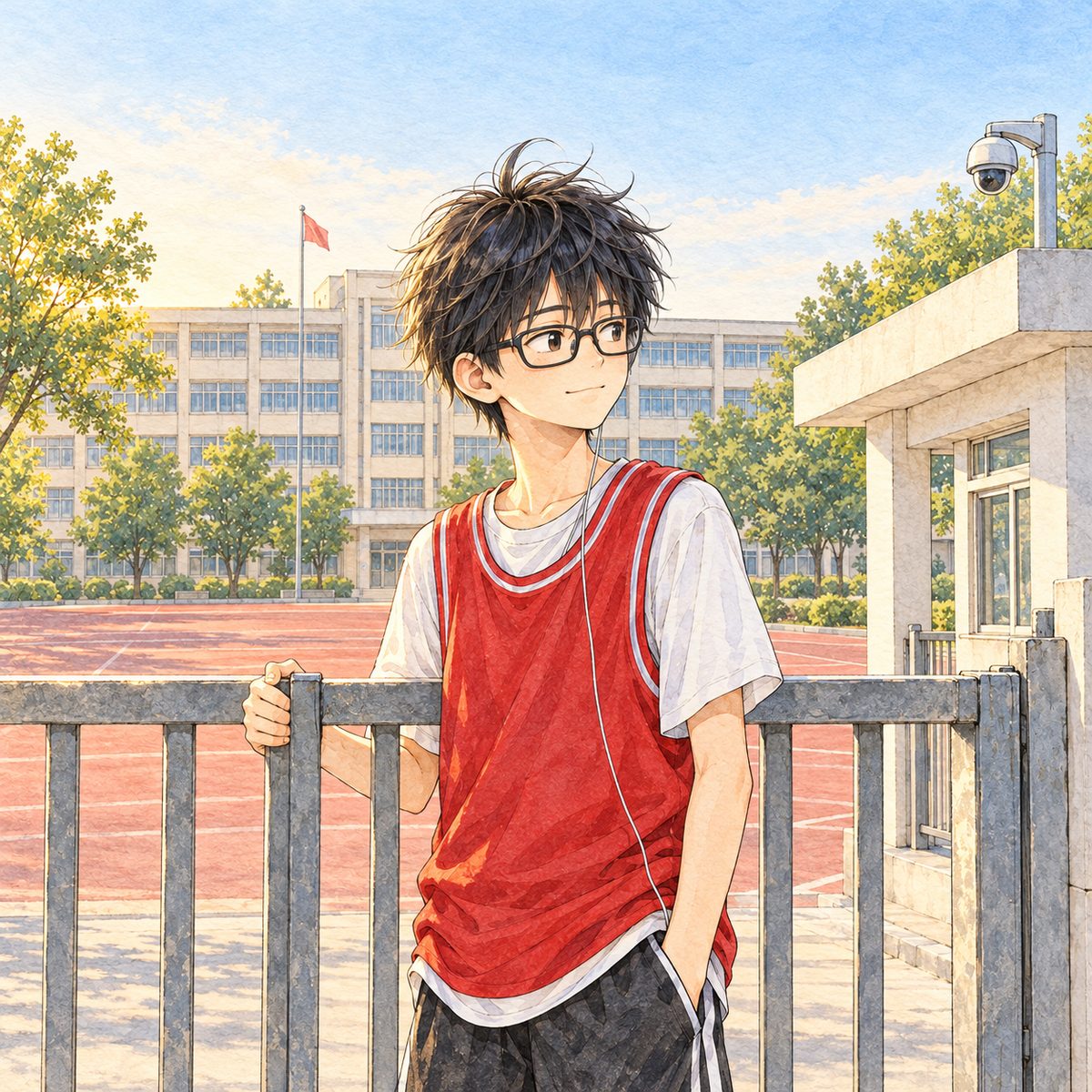Early morning (the same time as the panel before), low gold sun on the side of his face. Haoran holds one bar of the gate and looks through it into the empty yard, remembering, a small fond smile; then he glances to the RIGHT at Xiaoyu off panel. His face in the middle of the panel, NOT in the top quarter. The empty yard behind the bars is plain.
