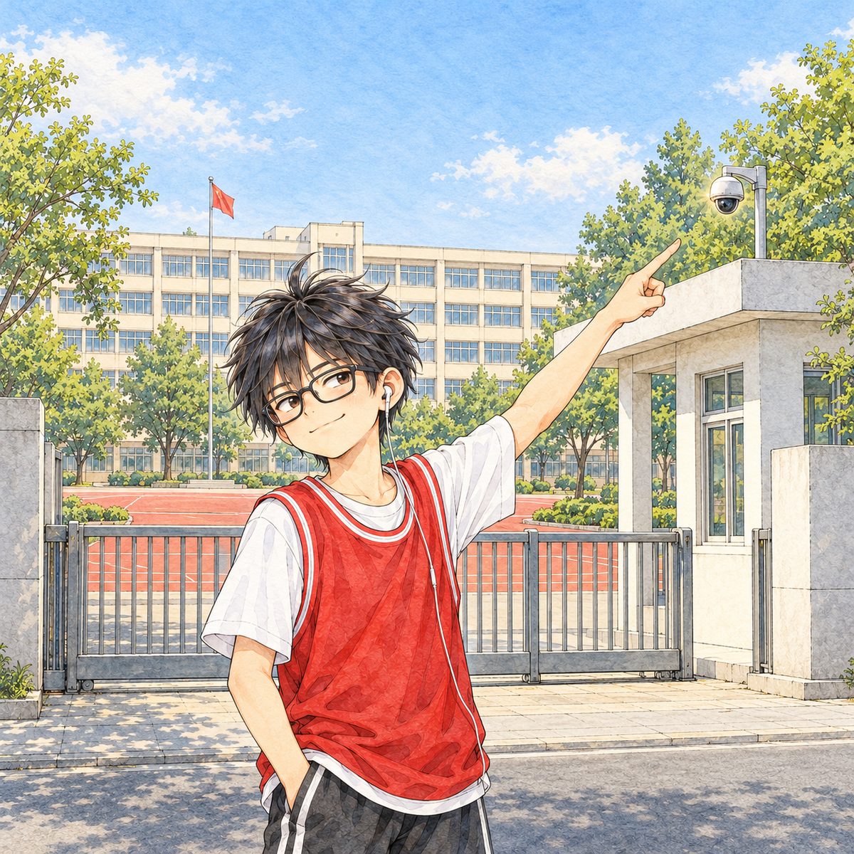 Early morning (the same time as the panel before). Haoran points up at the small round camera on its pole above the gate, his finger ending on it, his face wry; the camera, small, plain grey with a dark lens and NO face, sits in the upper right, catching a glint of gold sun. His face in the middle of the panel, NOT in the top quarter.
