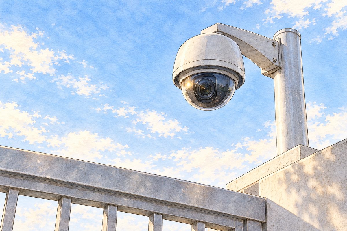 Early morning (the same time as the panel before). Close, from below: the small round grey security camera on its short pole above the school gate, its dark lens catching the low gold sun, NO face, NO eyes; behind it the pale morning sky and the top edge of the gate. The camera is the focal point. The sky is the quiet area. No writing anywhere.