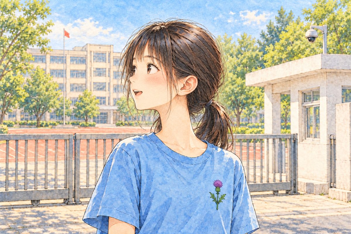 Early morning (the same time as page 13), low gold sun. Xiaoyu looks up and to the LEFT at Haoran off panel, surprised, almost a smile. Her face in the middle of the panel, NOT in the top quarter. The bars of the gate behind her are soft.