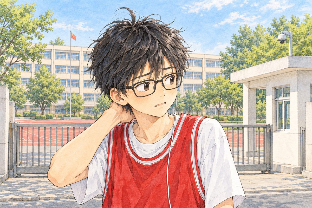 Early morning (the same time as the panel before). Haoran rubs the back of his neck and shrugs, looking to the RIGHT at Xiaoyu off panel, a little embarrassed. His face in the middle of the panel, NOT in the top quarter. The bars behind him are soft.