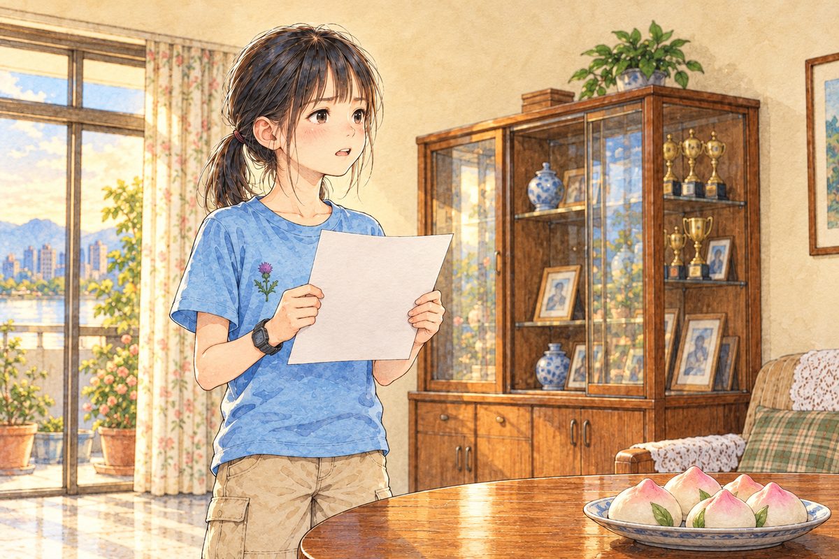 A memory of three days before, soft edges, the colours warm and a little faded: Grandpa's 70th birthday, late afternoon, warm low sun through the balcony door. Xiaoyu stands at the round table holding her sheet of squared practice paper (white with a pale green grid) in both hands, the written side towards her so we see only its plain back, and speaks, nervous but brave, looking to the RIGHT. Only her, the edge of the table with the peach-shaped longevity buns, and the glass cabinet behind; no other faces. The wall above her is the quiet area.