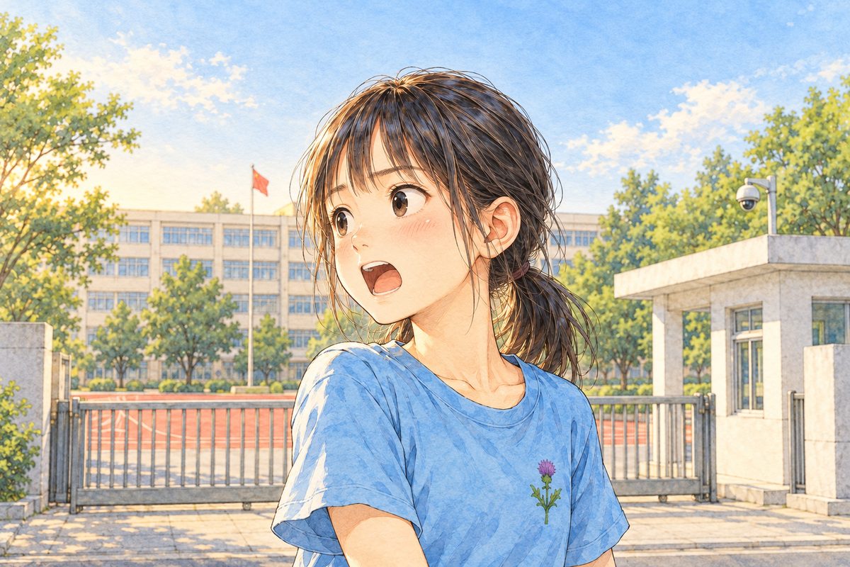 Early morning, low gold sun, back at the school gate (the same time as 14.2). Xiaoyu spins round to the LEFT of the picture, towards Mama off panel, her face lit with sudden certainty, eyes wide, mouth open to shout. Her face in the middle of the panel, NOT in the top quarter. Plain soft background.