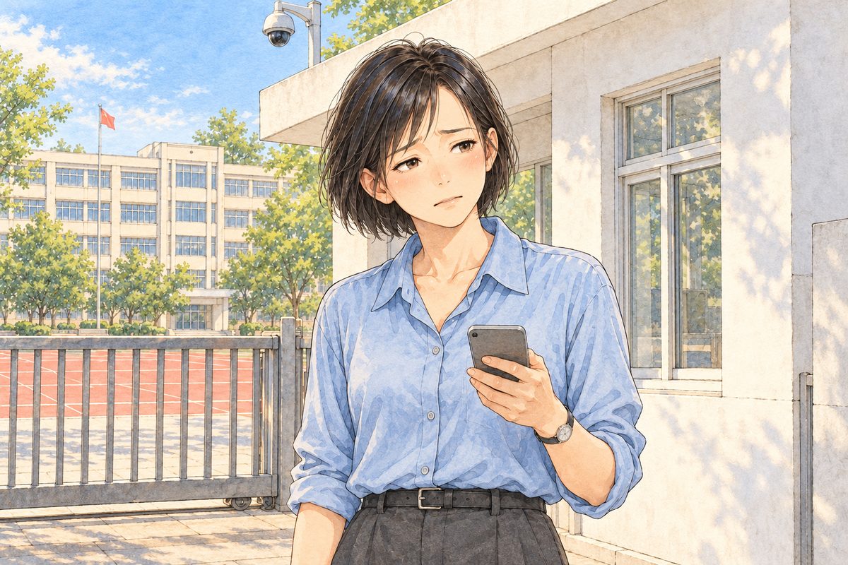 Early morning (the same time as the panel before), low gold sun. Mama, by the gate, turns to the RIGHT towards Xiaoyu off panel, tired, shaking her head, her phone in her hand. Her face in the middle of the panel, NOT in the top quarter. Plain wall behind.
