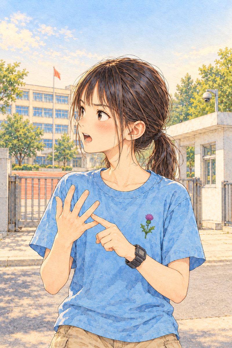 Early morning (the same time as page 14), low gold sun. Xiaoyu, looking LEFT at Mama off panel, counts on her fingers as she talks, fast and sure, the fingers clearly apart. Her face in the middle of the panel, NOT in the top quarter. Plain soft background.