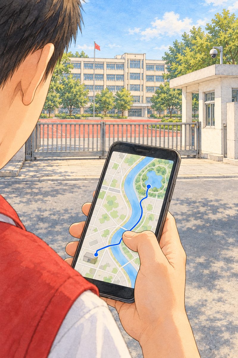 Early morning (the same time as the panel before), gold sunlight on the edge of the phone. Over Haoran's shoulder (his red vest at the edge), close on his black phone in his hand, his thumb on the screen. The plain map app now shows a blue walking line from a square block (the factory) along the river to a green patch with a lake (the park). No letters, no numbers painted on the screen.